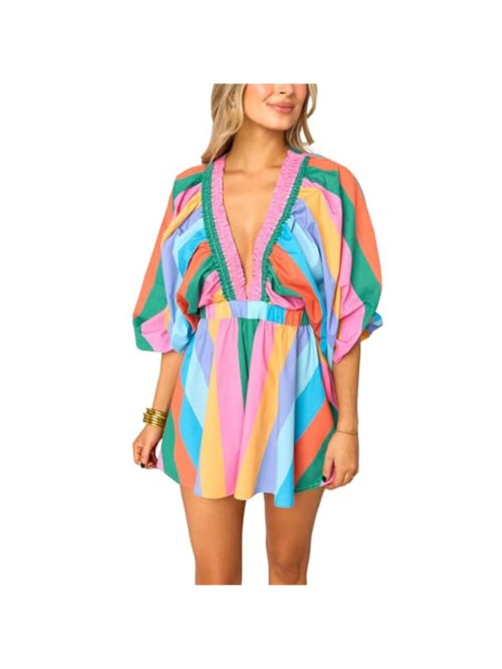 Women's Long Puff Sleeve Short Romper Summer Cute Deep V Neck Flowy Tropical